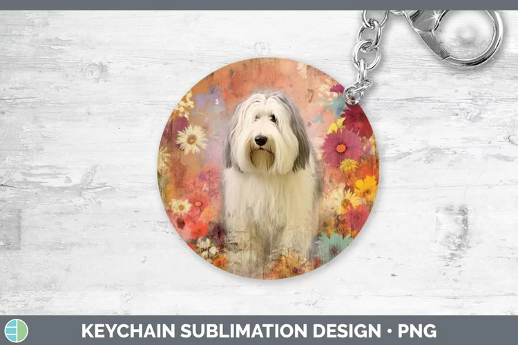 Vintage Decoupage Old English Sheepdog Keychain Sublimation