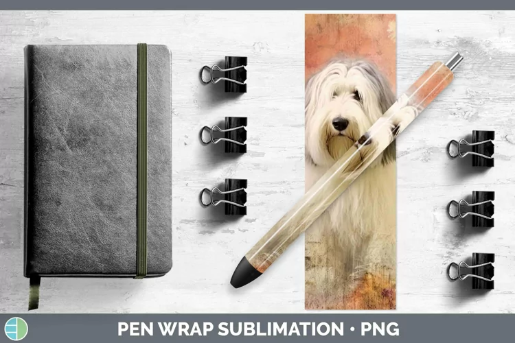 Vintage Decoupage Old English Sheepdog Pen Wrap Sublimation