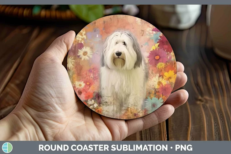 Vintage Decoupage Old English Sheepdog Round Coaster Sublima