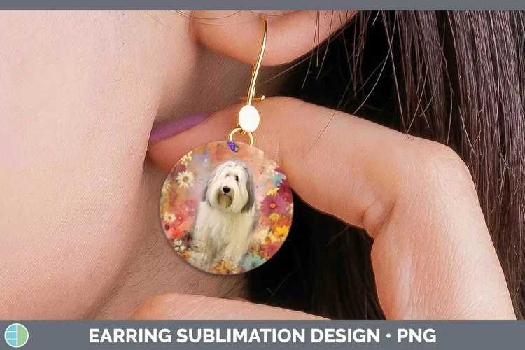 Vintage Decoupage Old English Sheepdog Round Earrings Sublim