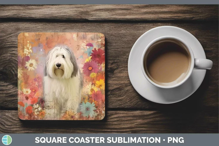 Vintage Decoupage Old English Sheepdog Square Coaster Sublim