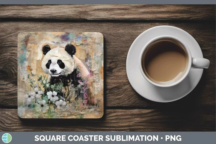 Vintage Decoupage Panda Bear Square Coaster Sublimation Coas