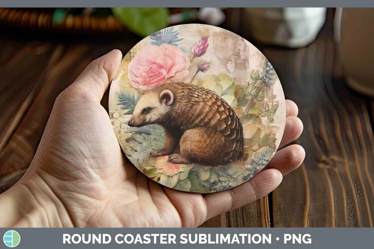Vintage Decoupage Pangolin Round Coaster Sublimation Coaster