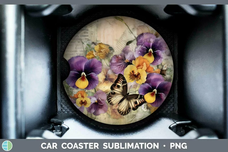 Vintage Decoupage Pansy Car Coaster Sublimation Coaster Desi