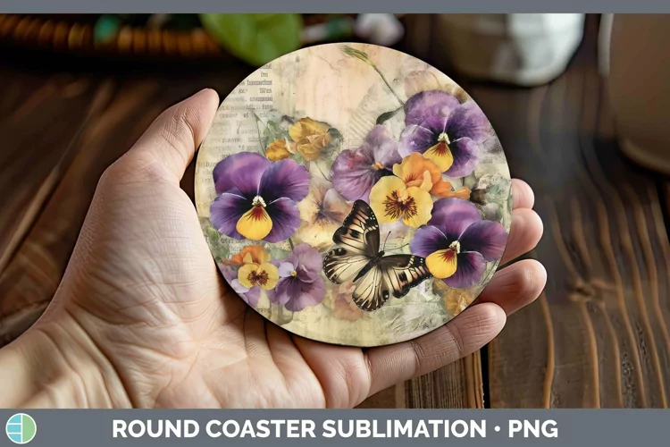 Vintage Decoupage Pansy Round Coaster Sublimation Coaster De