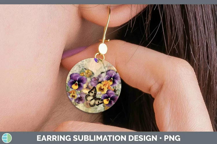 Vintage Decoupage Pansy Round Earrings Sublimation Earrings