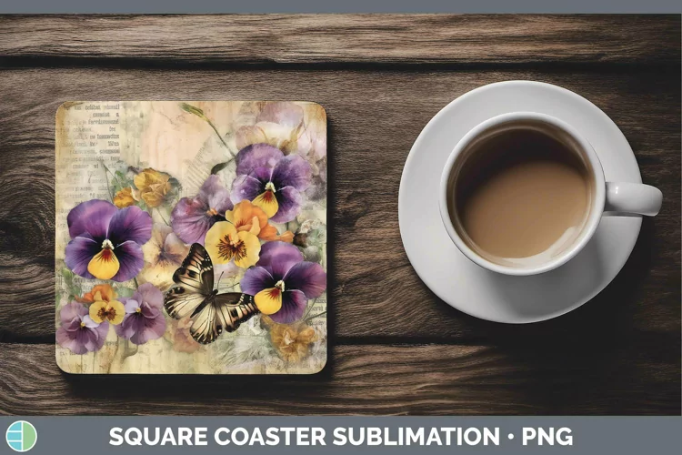 Vintage Decoupage Pansy Square Coaster Sublimation Coaster D