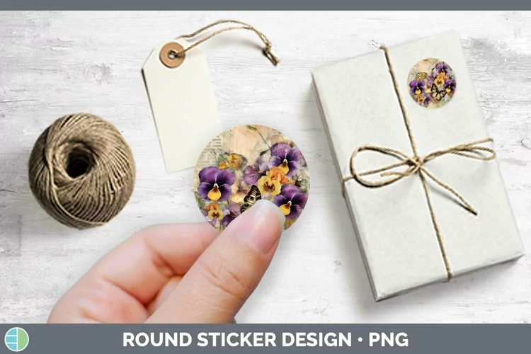 Vintage Decoupage Pansy Stickers | Round Labels Designs