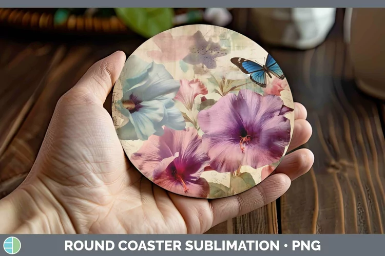 Vintage Decoupage Petunia Round Coaster Sublimation Coaster