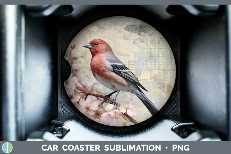 Vintage Decoupage Pine Grosbeak Car Coaster | Sublimation Co