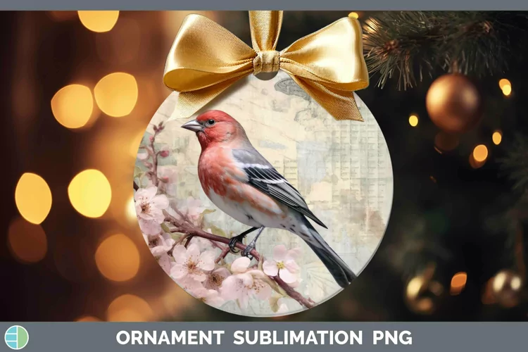 Vintage Decoupage Pine Grosbeak Ornament | Sublimation Baubl