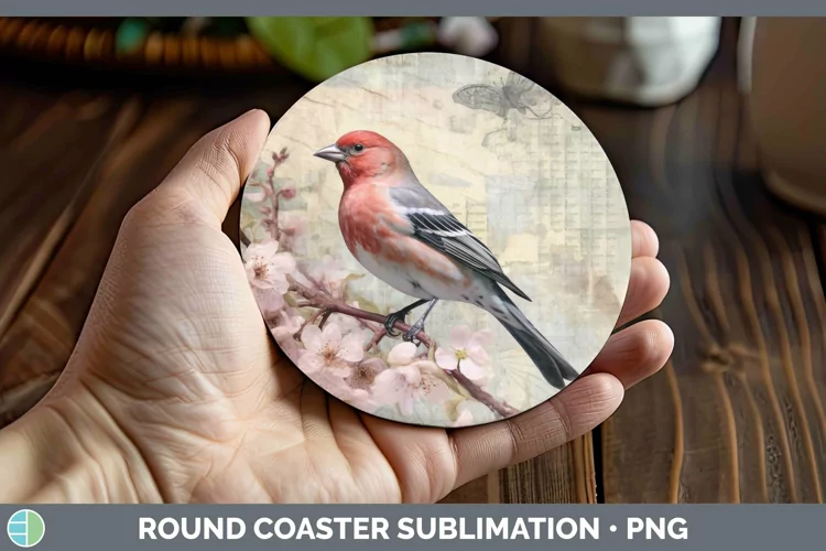 Vintage Decoupage Pine Grosbeak Round Coaster | Sublimation