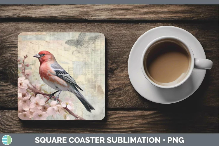 Vintage Decoupage Pine Grosbeak Square Coaster | Sublimation