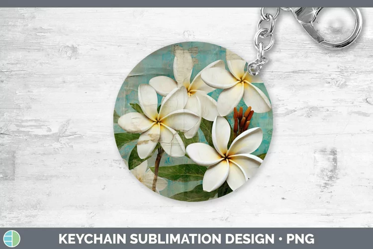 Vintage Decoupage Plumeria Keychain | Sublimation Keyring De