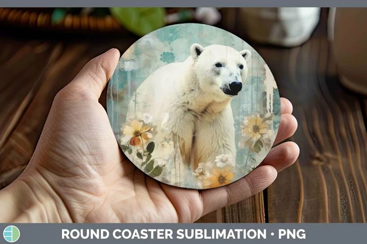 Vintage Decoupage Polar Bear Round Coaster Sublimation Coast