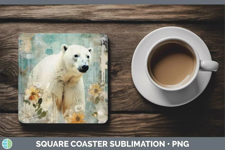 Vintage Decoupage Polar Bear Square Coaster Sublimation Coas