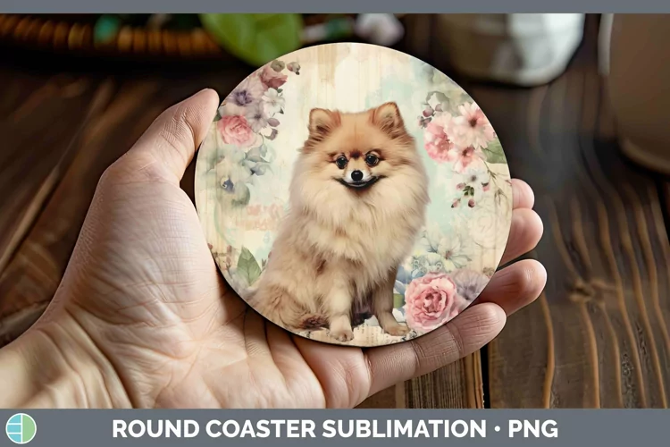 Vintage Decoupage Pomeranian Round Coaster Sublimation Coast
