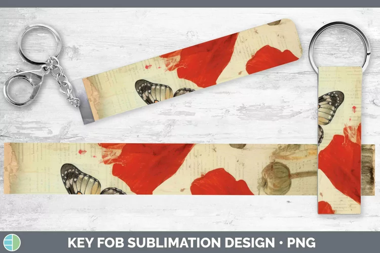 Vintage Decoupage Poppy Key Fob Sublimation Wristlet Designs