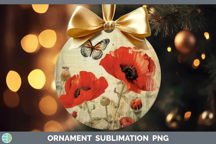 Vintage Decoupage Poppy Ornament Sublimation Bauble Designs