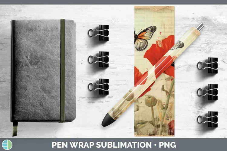 Vintage Decoupage Poppy Pen Wrap Sublimation Epoxy Pen Desig