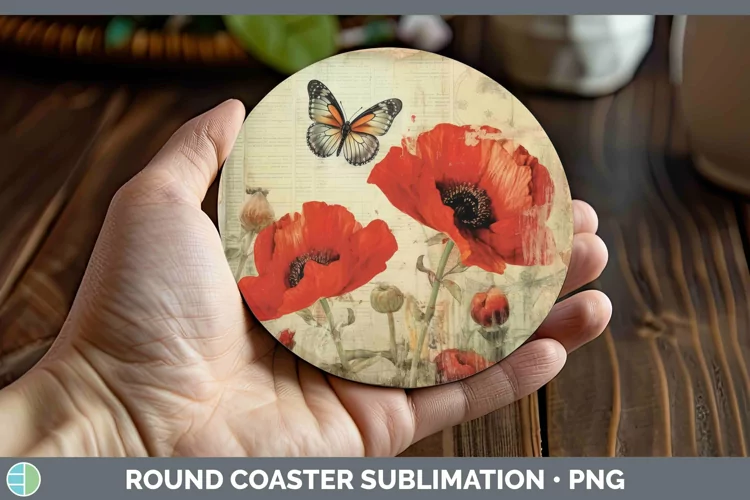 Vintage Decoupage Poppy Round Coaster Sublimation Coaster De