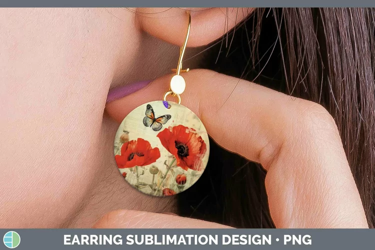 Vintage Decoupage Poppy Round Earrings Sublimation Earrings