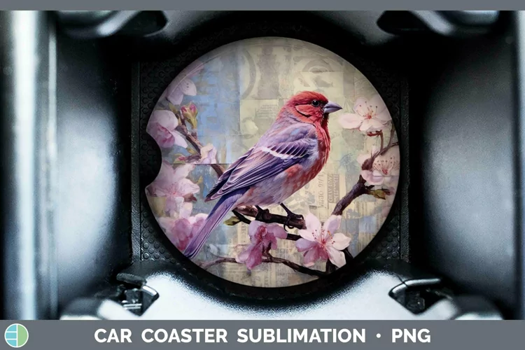 Vintage Decoupage Purple Finch Car Coaster Sublimation Coast