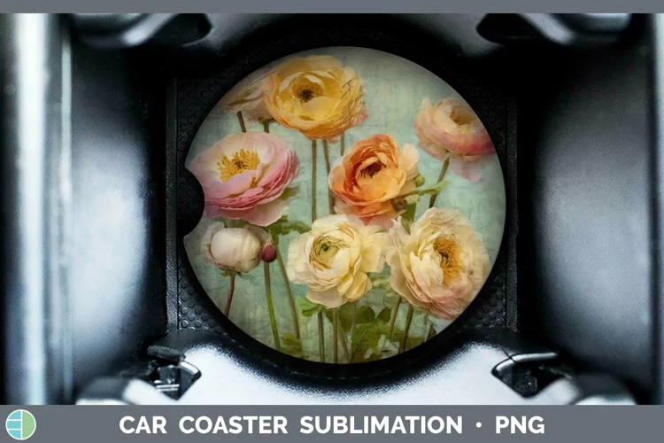 Vintage Decoupage Ranunculus Car Coaster | Sublimation Coast