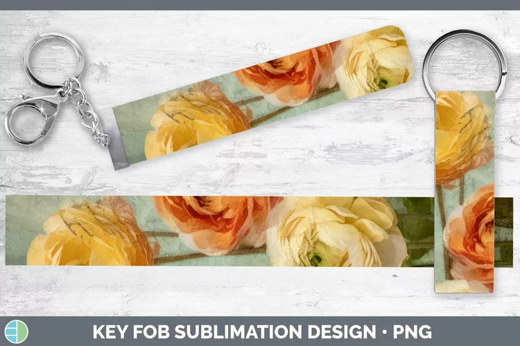 Vintage Decoupage Ranunculus Key Fob | Sublimation Wristlet