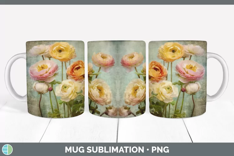 Vintage Decoupage Ranunculus Mug Wrap | Sublimation Coffee C