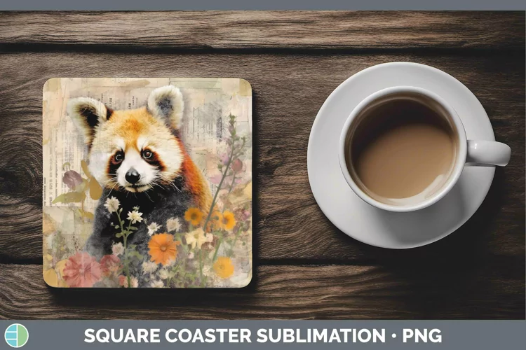 Vintage Decoupage Red Panda Square Coaster Sublimation Coast