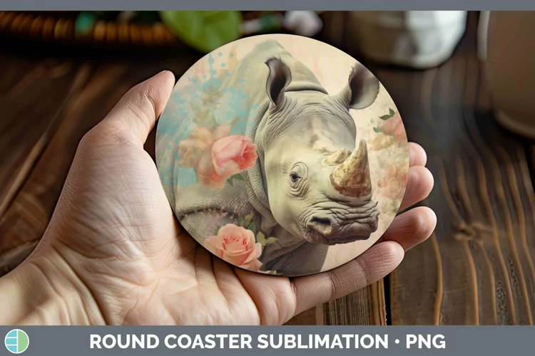 Vintage Decoupage Rhino Round Coaster Sublimation Coaster De