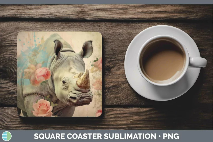 Vintage Decoupage Rhino Square Coaster Sublimation Coaster D