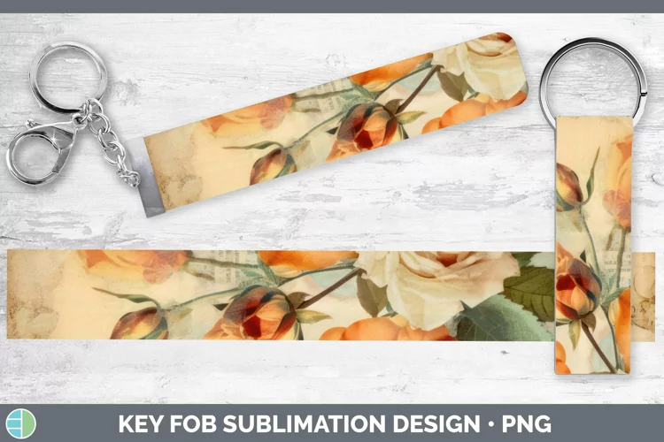 Vintage Decoupage Rose Key Fob Sublimation Wristlet Designs