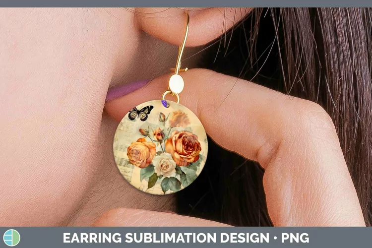 Vintage Decoupage Rose Round Earrings Sublimation Earrings D