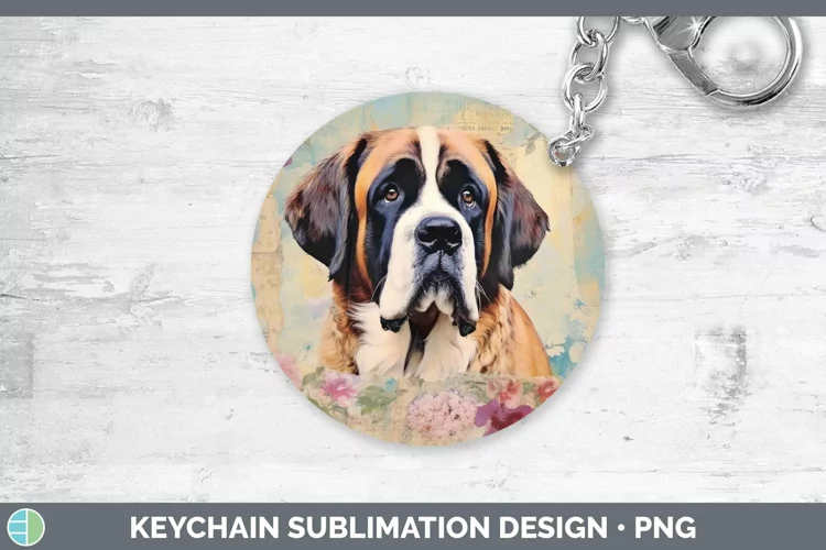 Vintage Decoupage Saint Bernard Keychain Sublimation Keyring