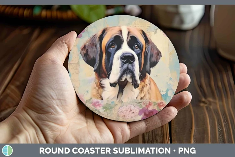 Vintage Decoupage Saint Bernard Round Coaster Sublimation Co