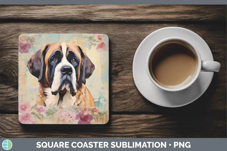 Vintage Decoupage Saint Bernard Square Coaster Sublimation C