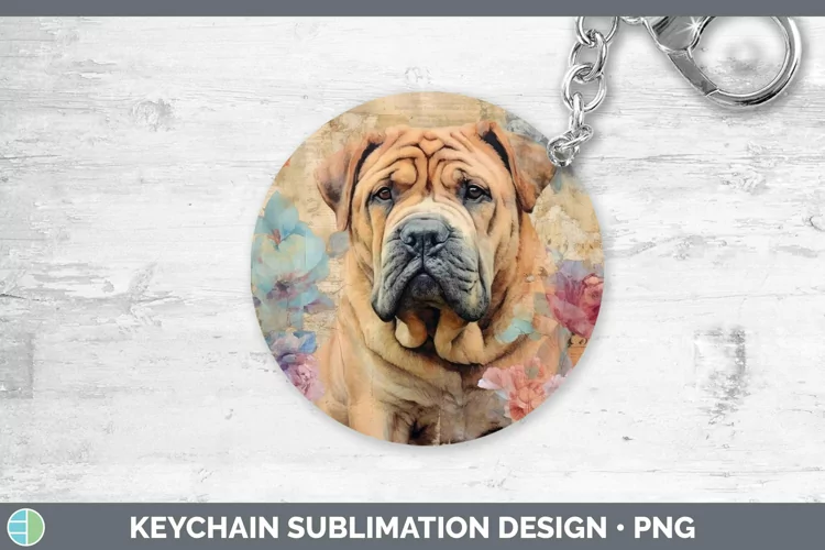 Vintage Decoupage Shar Pei Keychain Sublimation Keyring Desi