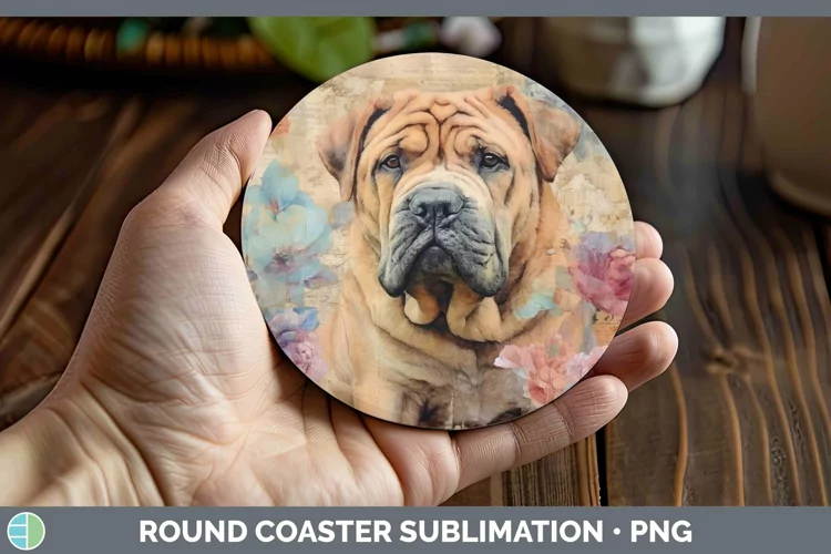 Vintage Decoupage Shar Pei Round Coaster Sublimation Coaster