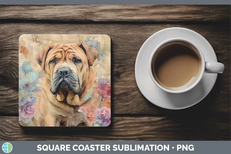 Vintage Decoupage Shar Pei Square Coaster Sublimation Coaste