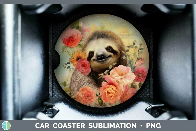 Vintage Decoupage Sloth Car Coaster Sublimation Coaster Desi