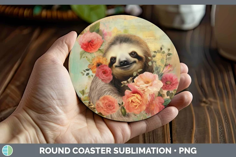 Vintage Decoupage Sloth Round Coaster Sublimation Coaster De