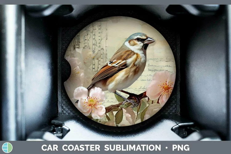 Vintage Decoupage Sparrow Car Coaster | Sublimation Coaster