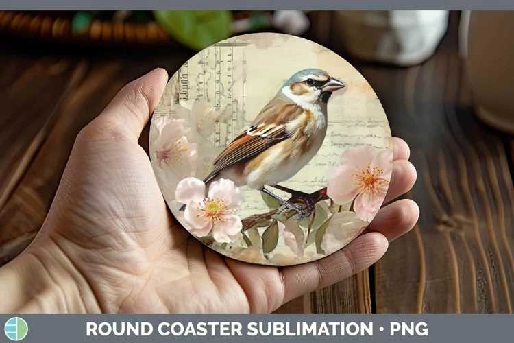 Vintage Decoupage Sparrow Round Coaster | Sublimation Coaste