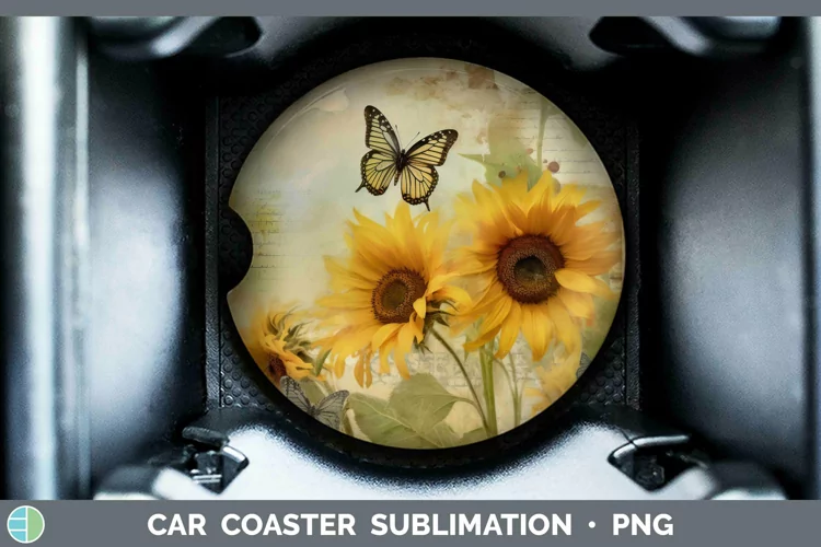 Vintage Decoupage Sunflower Car Coaster Sublimation Coaster