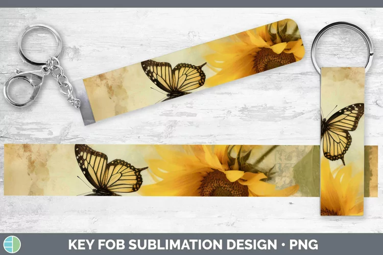 Vintage Decoupage Sunflower Key Fob Sublimation Wristlet Des