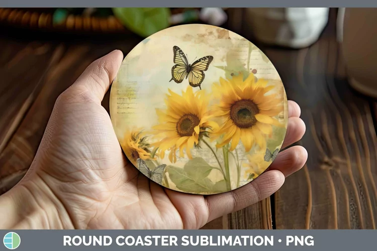 Vintage Decoupage Sunflower Round Coaster Sublimation Coaste