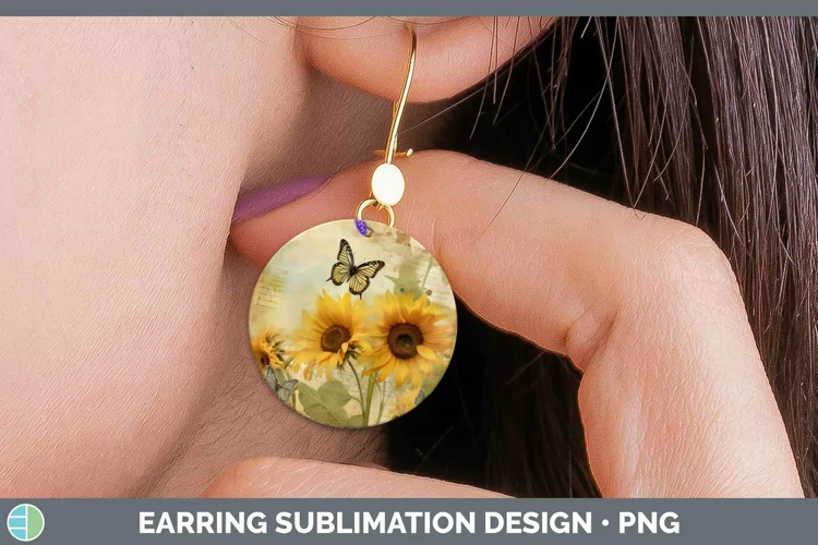 Vintage Decoupage Sunflower Round Earrings Sublimation Earri