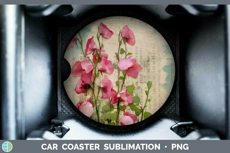 Vintage Decoupage Sweet Pea Car Coaster | Sublimation Coaste